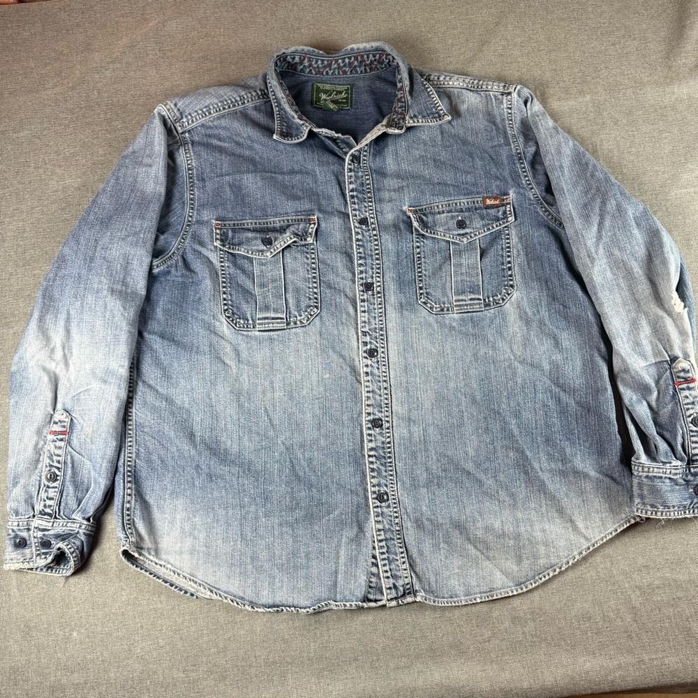 Woolrich Denim Distressed long Sleeve Button Up Shirt Men’s XL‎